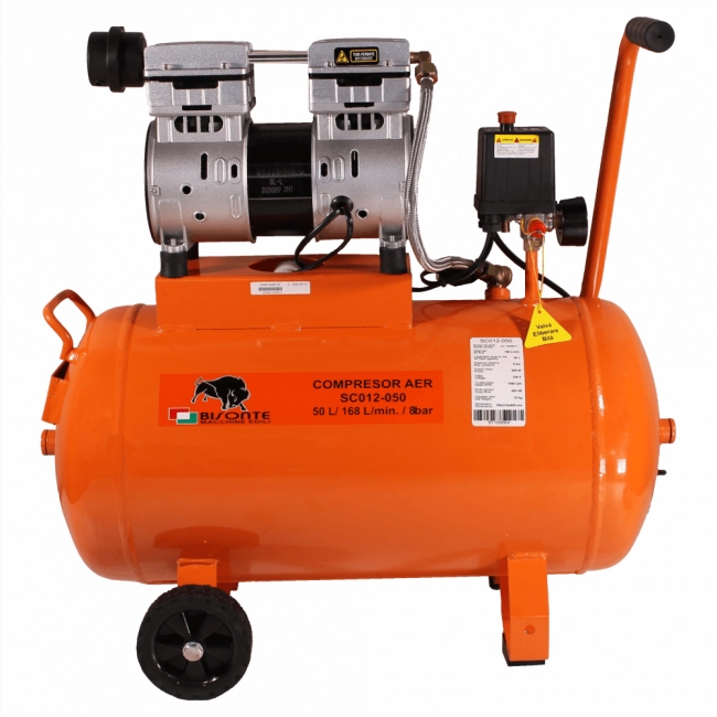 Dugattyús légkompresszor BISONTE SC012-50 olajmentes 230V 1,2 Le légáramlás 168 l/min nyomás 8bar
